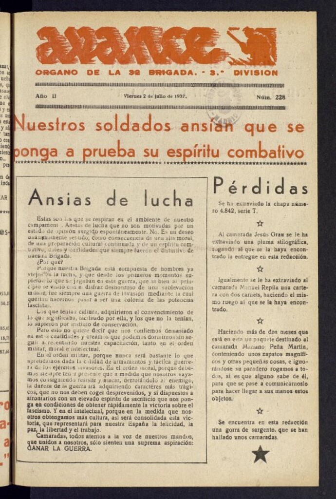 Miniatura de Avance: órgano de la XXXII brigada, de 2 de julio de 1937, nº 228