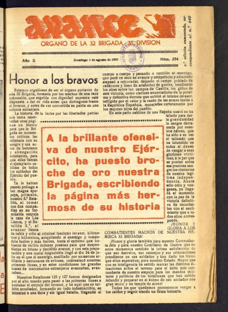 Miniatura de Avance: órgano de la XXXII brigada, de 1 de agosto de 1937, nº 254