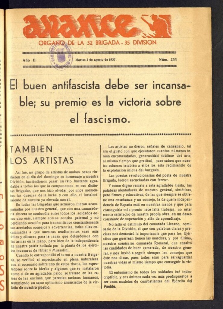 Miniatura de Avance: órgano de la XXXII brigada, de 3 de agosto de 1937, nº 255