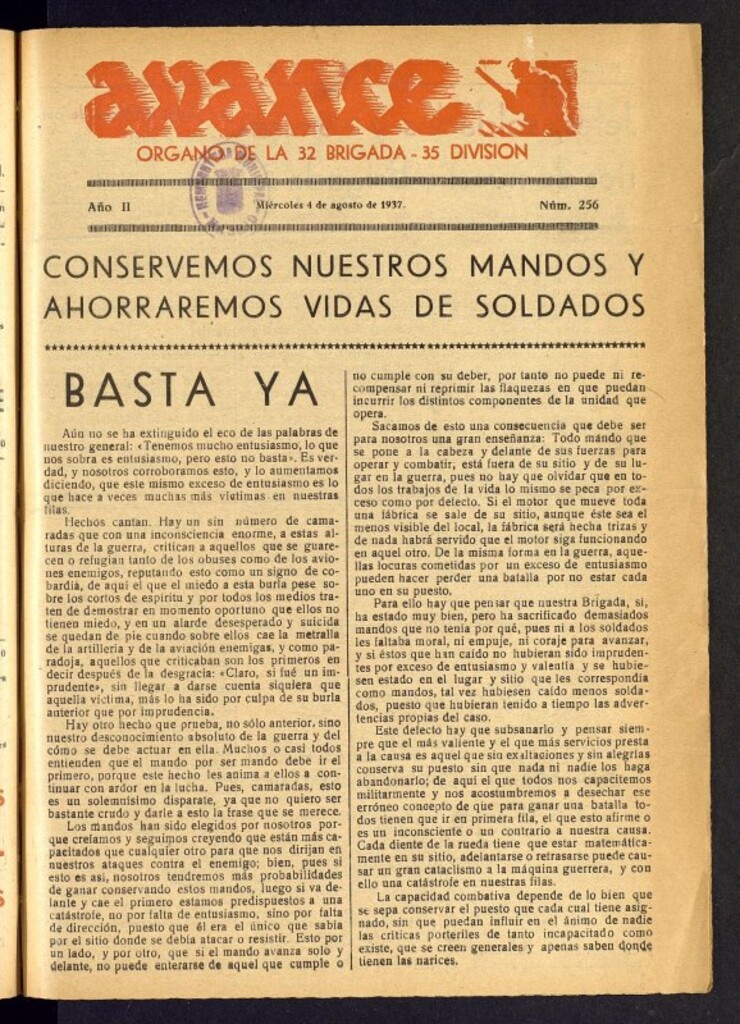Miniatura de Avance: órgano de la XXXII brigada, de 4 de agosto de 1937, nº 256