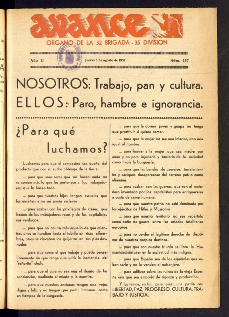 Miniatura de Avance: órgano de la XXXII brigada, de 5 de agosto de 1937, nº 257