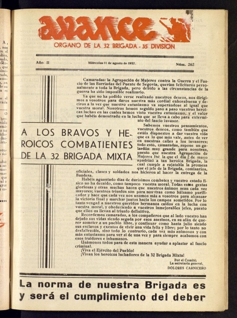 Miniatura de Avance: órgano de la XXXII brigada, de 11 de agosto de 1937, nº 262