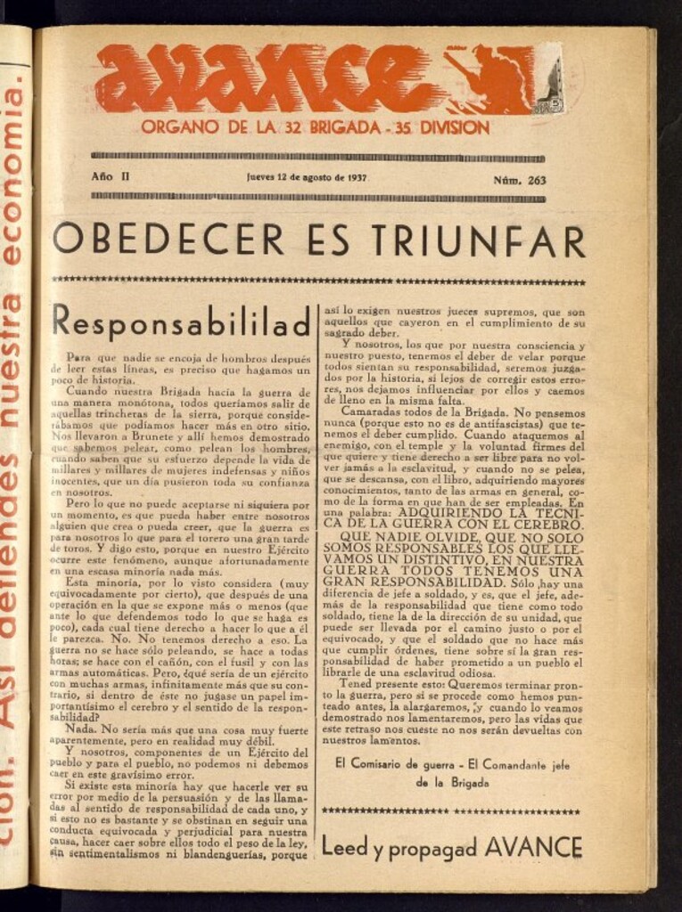 Miniatura de Avance: órgano de la XXXII brigada, de 12 de agosto de 1937, nº 263