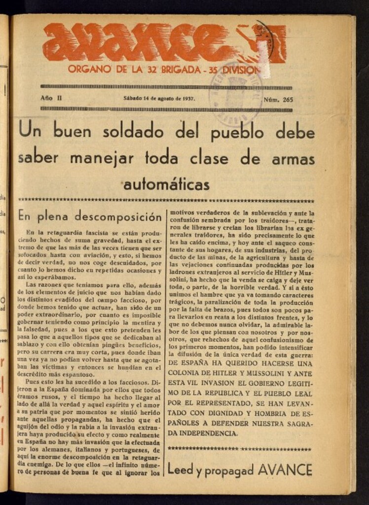 Miniatura de Avance: órgano de la XXXII brigada, de 14 de agosto de 1937, nº 265