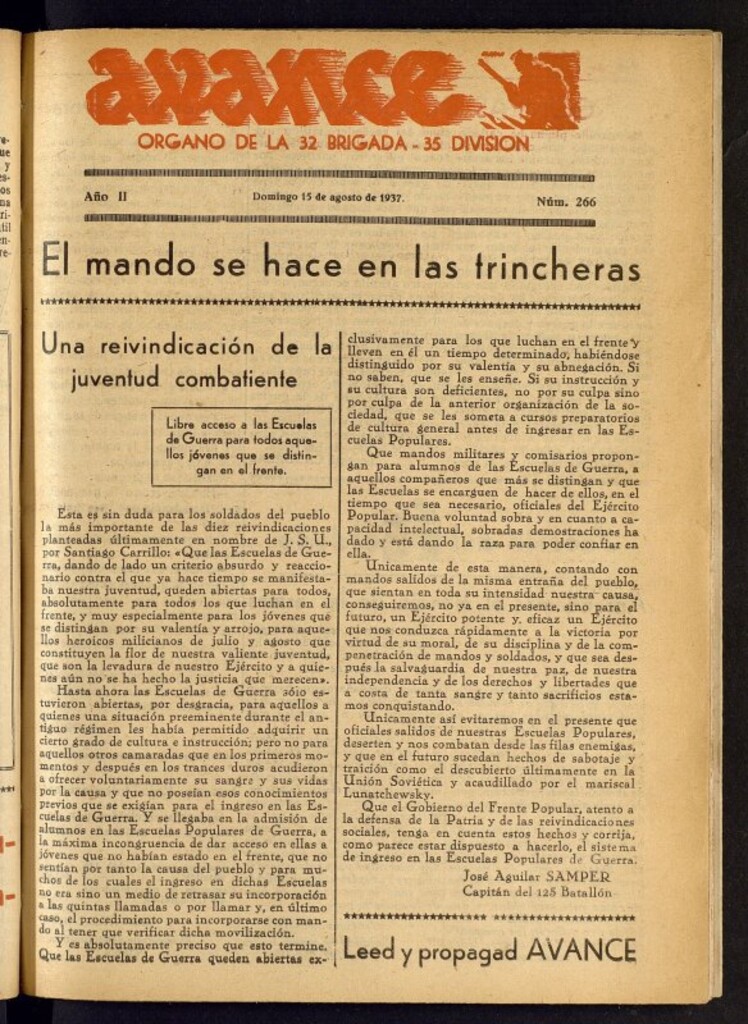 Miniatura de Avance: órgano de la XXXII brigada, de 15 de agosto de 1937, nº 266