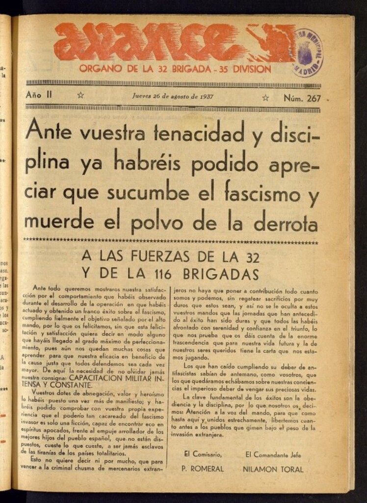 Miniatura de Avance: órgano de la XXXII brigada, de 26 de agosto de 1937, nº 267 [sic]
