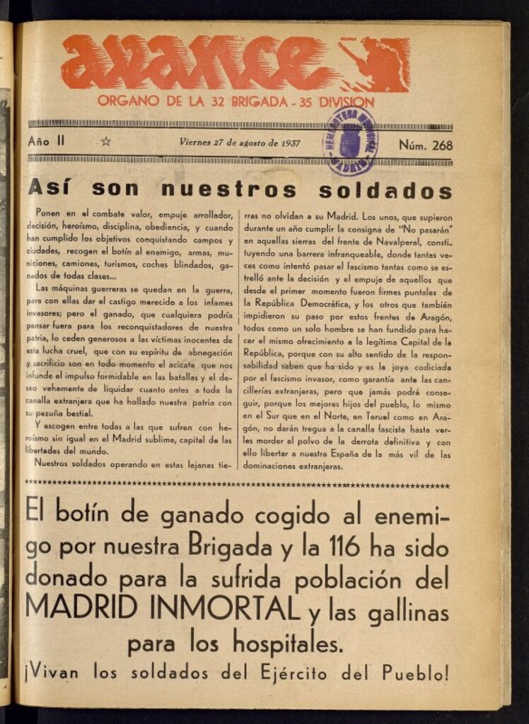 Miniatura de Avance: órgano de la XXXII brigada, de 27 de agosto de 1937, nº 268