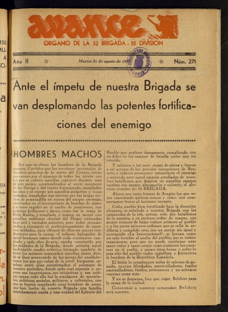Miniatura de Avance: órgano de la XXXII brigada, de 31 de agosto de 1937, nº 271