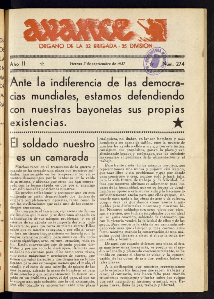 Miniatura de Avance: órgano de la XXXII brigada, de 3 de septiembre de 1937, nº 274