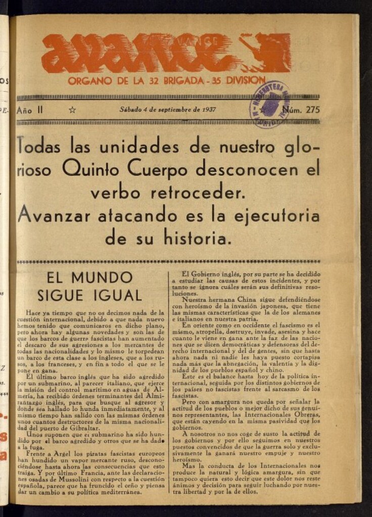 Miniatura de Avance: órgano de la XXXII brigada, de 4 de septiembre de 1937, nº 275
