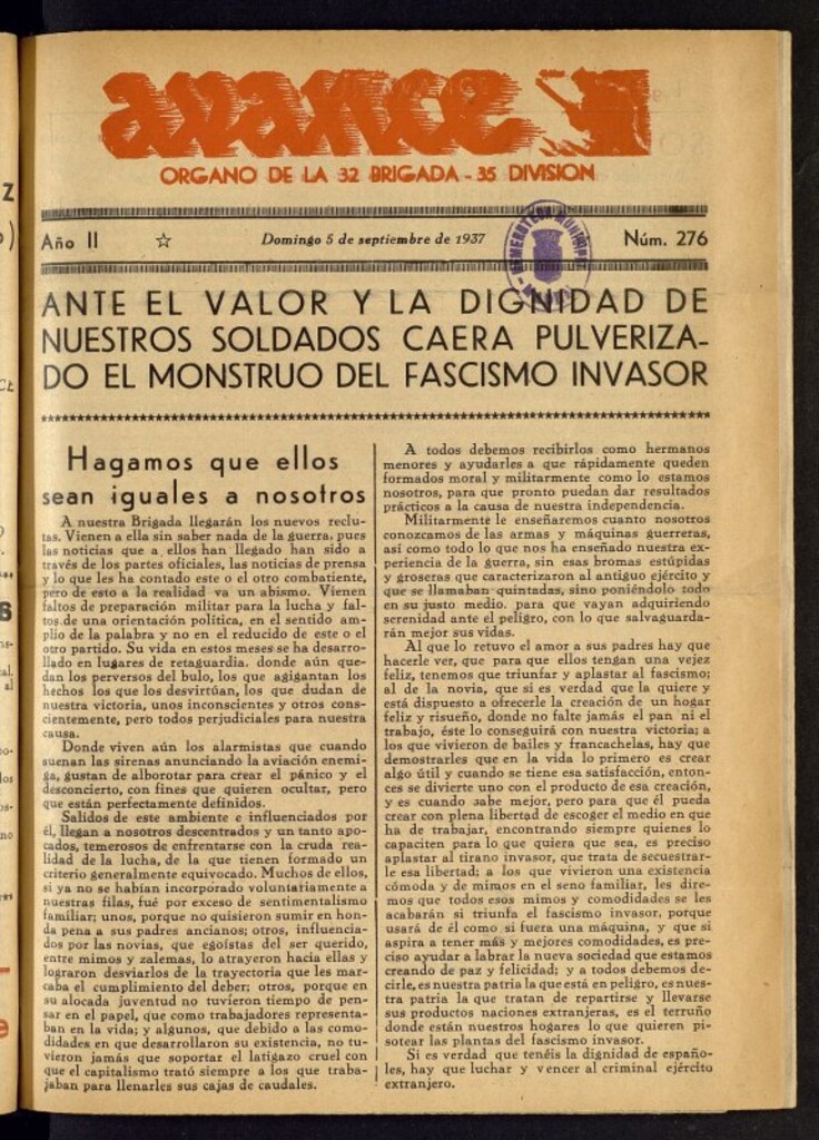 Miniatura de Avance: órgano de la XXXII brigada, de 5 de septiembre de 1937, nº 276