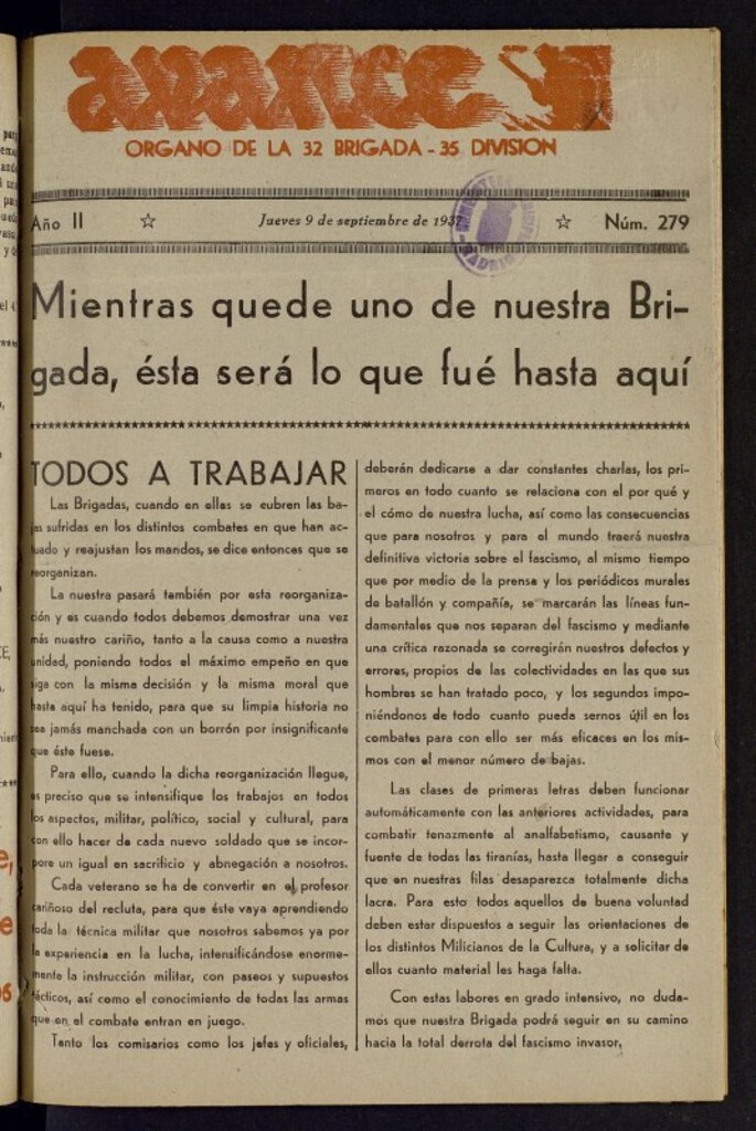 Miniatura de Avance: órgano de la XXXII brigada, de 9 de septiembre de 1937, nº 279