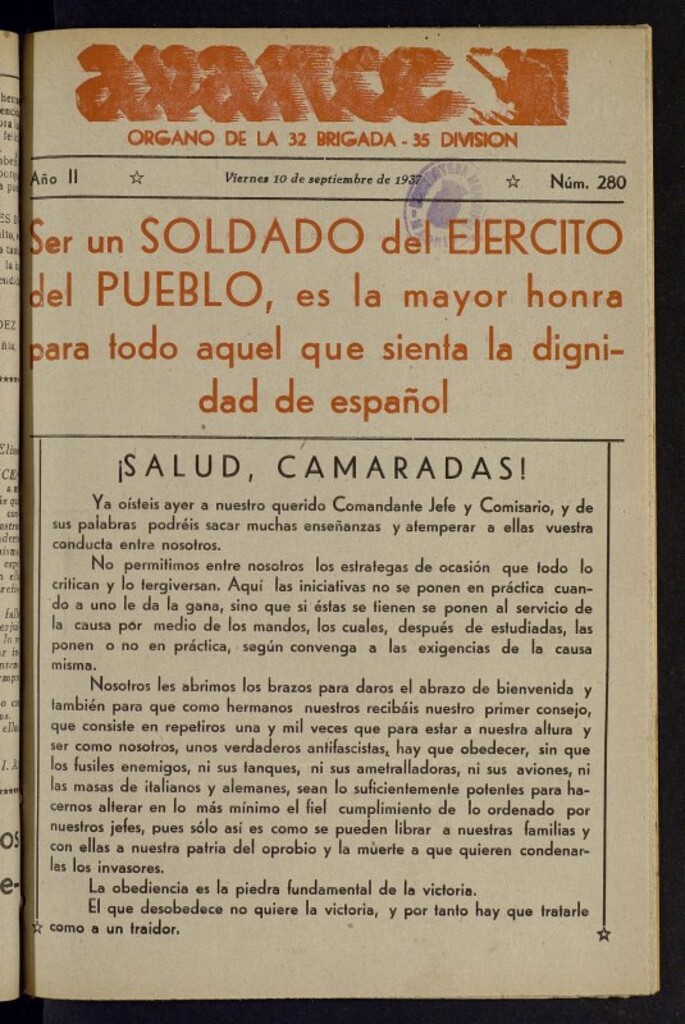 Miniatura de Avance: órgano de la XXXII brigada, de 10 de septiembre de 1937, nº 280
