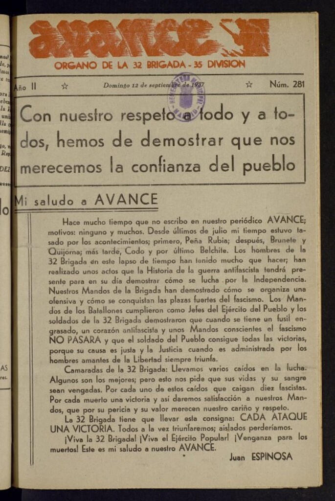 Miniatura de Avance: órgano de la XXXII brigada, de 12 de septiembre de 1937, nº 281