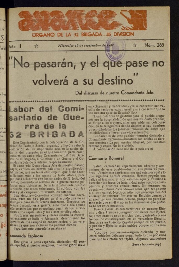Miniatura de Avance: órgano de la XXXII brigada, de 15 de septiembre de 1937, nº 283