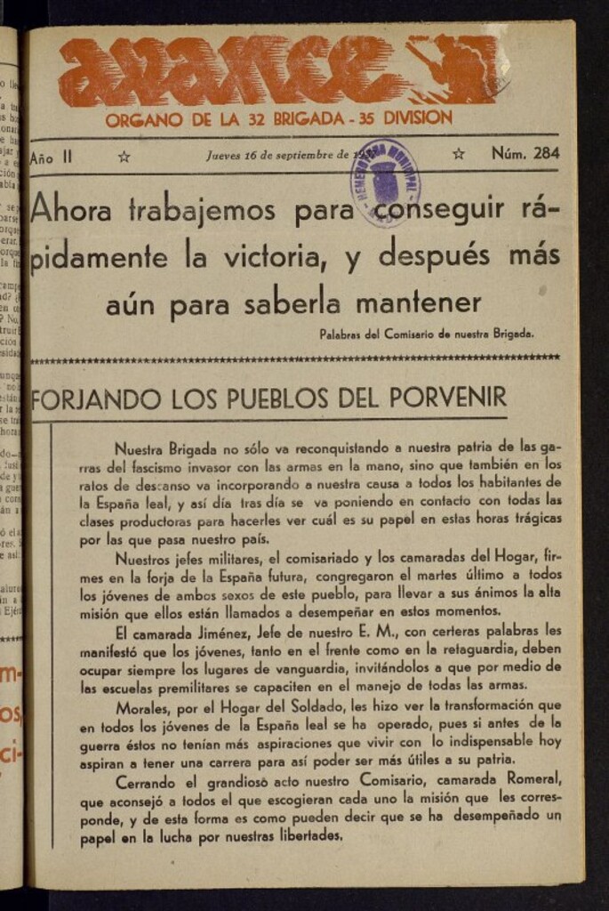 Miniatura de Avance: órgano de la XXXII brigada, de 16 de septiembre de 1937, nº 284