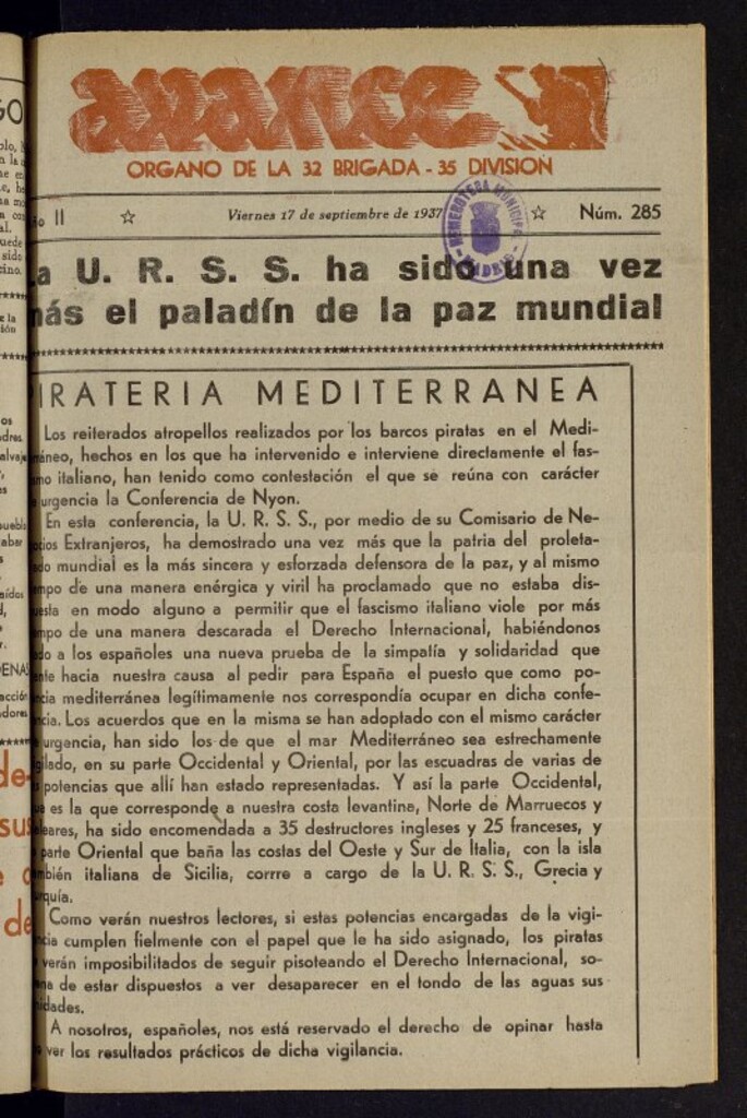 Miniatura de Avance: órgano de la XXXII brigada, de 17 de septiembre de 1937, nº 285