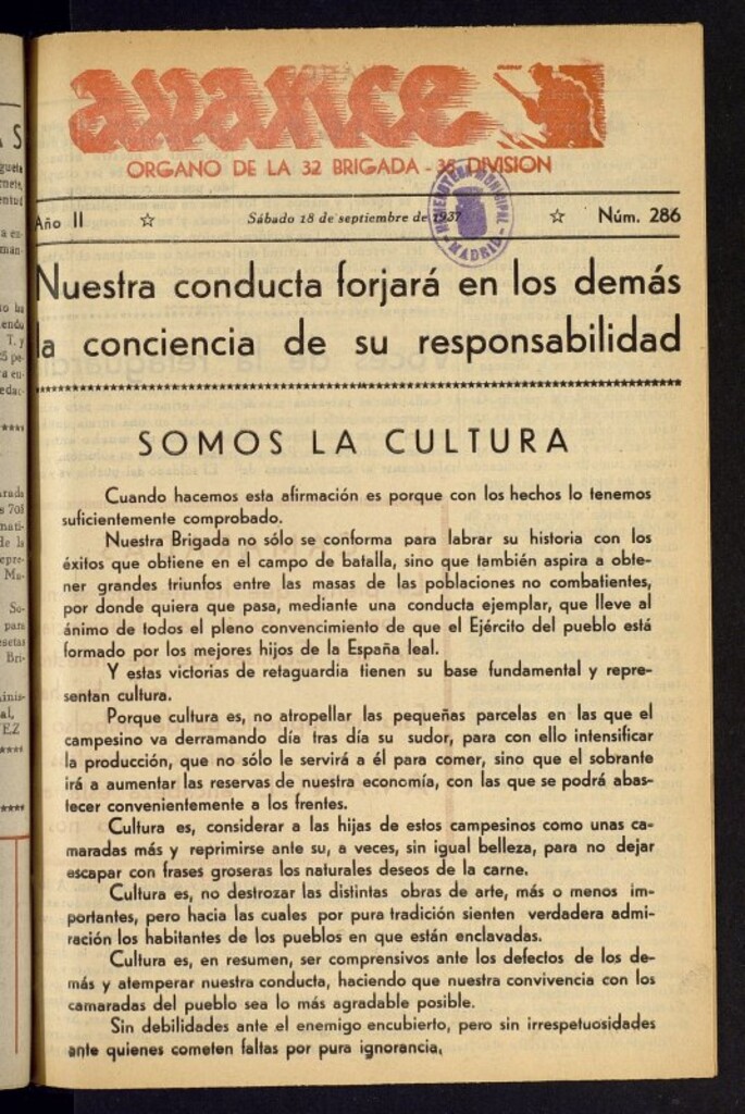 Miniatura de Avance: órgano de la XXXII brigada, de 18 de septiembre de 1937, nº 286