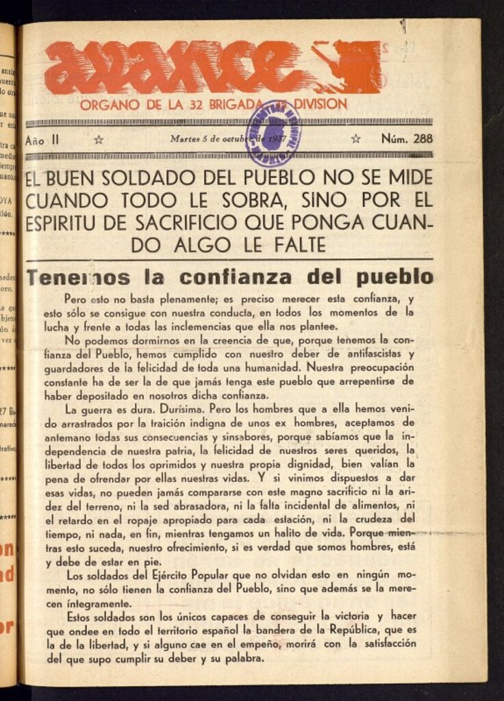 Miniatura de Avance: órgano de la XXXII brigada, de 5 de octubre de 1937, nº 288