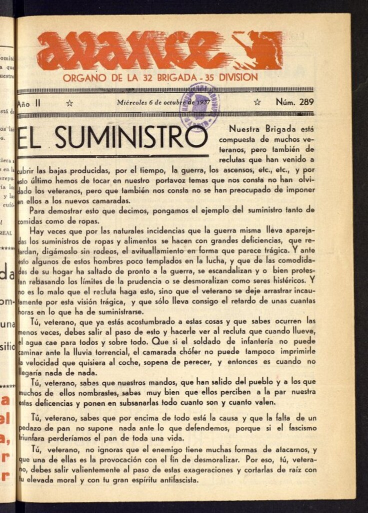 Miniatura de Avance: órgano de la XXXII brigada, de 6 de octubre de 1937, nº 289