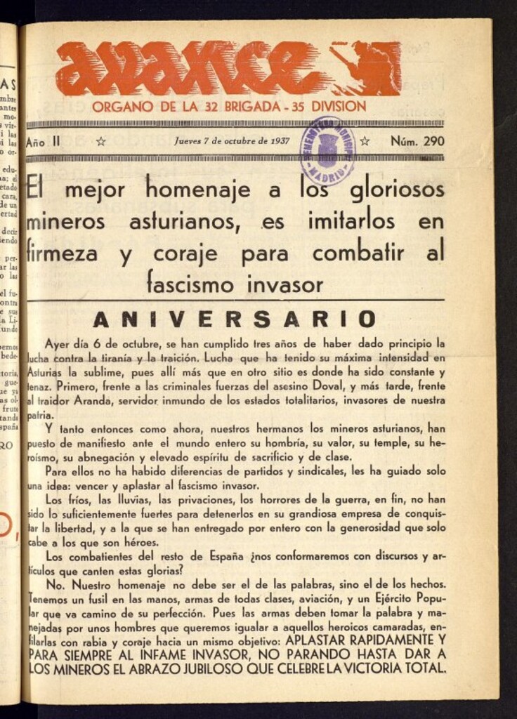 Miniatura de Avance: órgano de la XXXII brigada, de 7 de octubre de 1937, nº 290