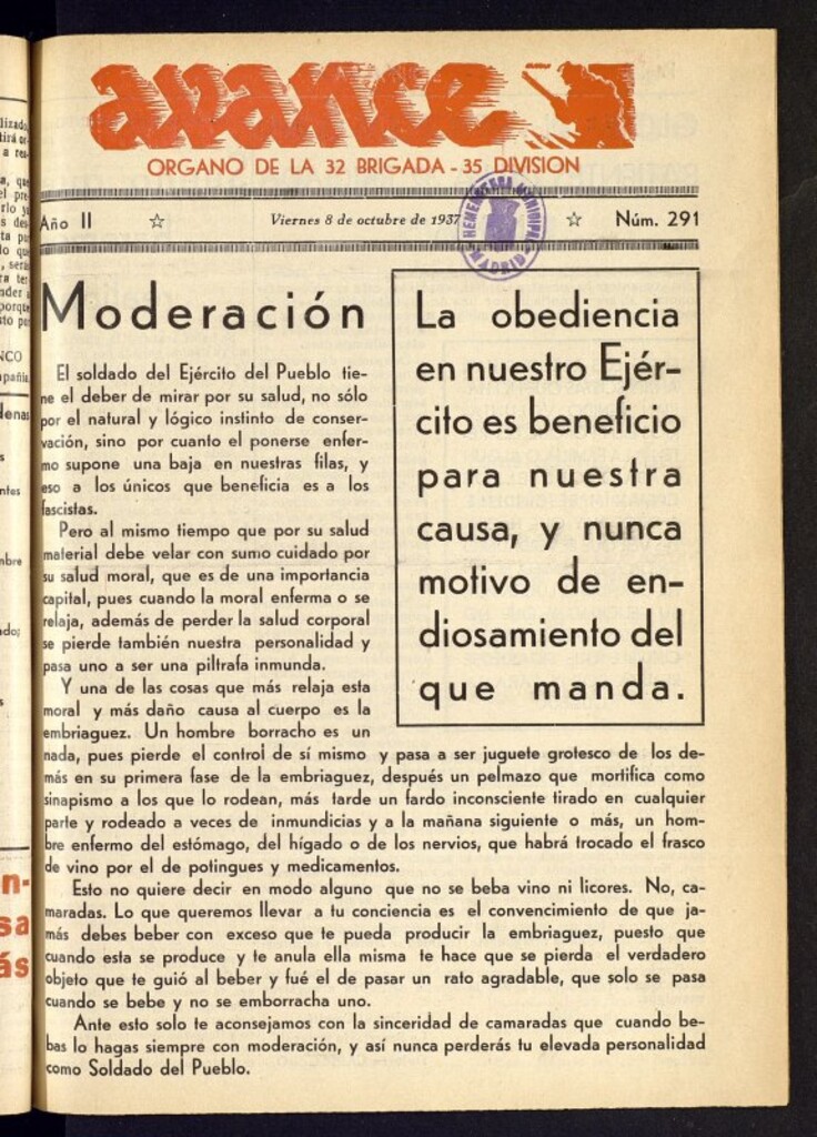 Miniatura de Avance: órgano de la XXXII brigada, de 8 de octubre de 1937, nº 291