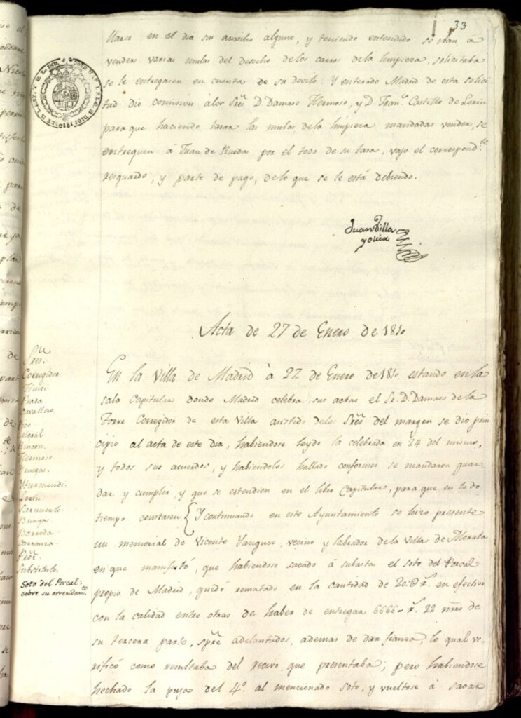 Miniatura de Libro de Acuerdos del Ayuntamiento de Madrid del 27 de enero de 1810