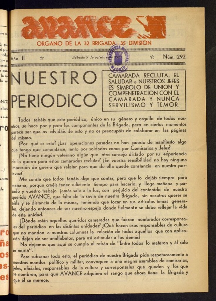 Miniatura de Avance: órgano de la XXXII brigada, de 9 de octubre de 1937, nº 292