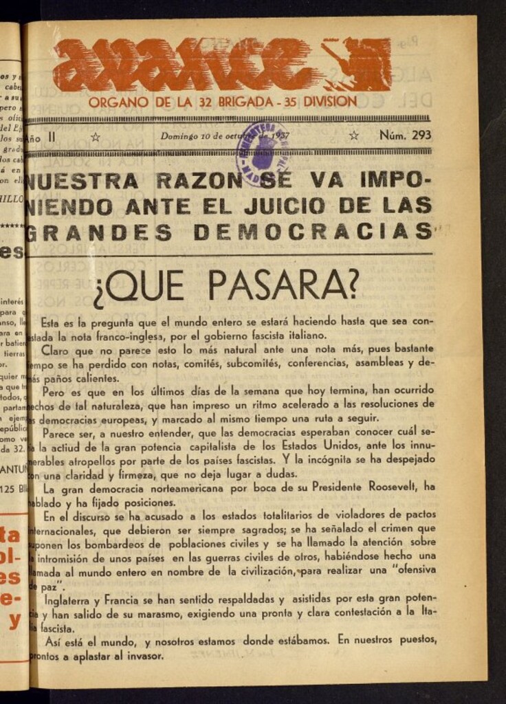 Miniatura de Avance: órgano de la XXXII brigada, de 10 de octubre de 1937, nº 293