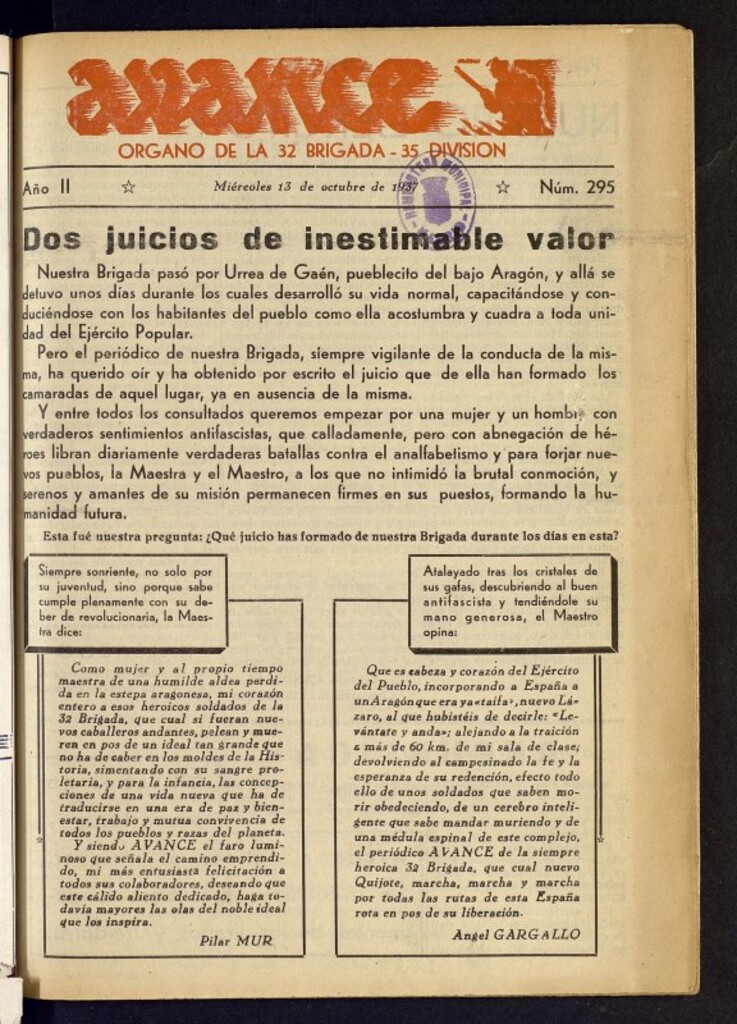 Miniatura de Avance: órgano de la XXXII brigada, de 13 de octubre de 1937, nº 295