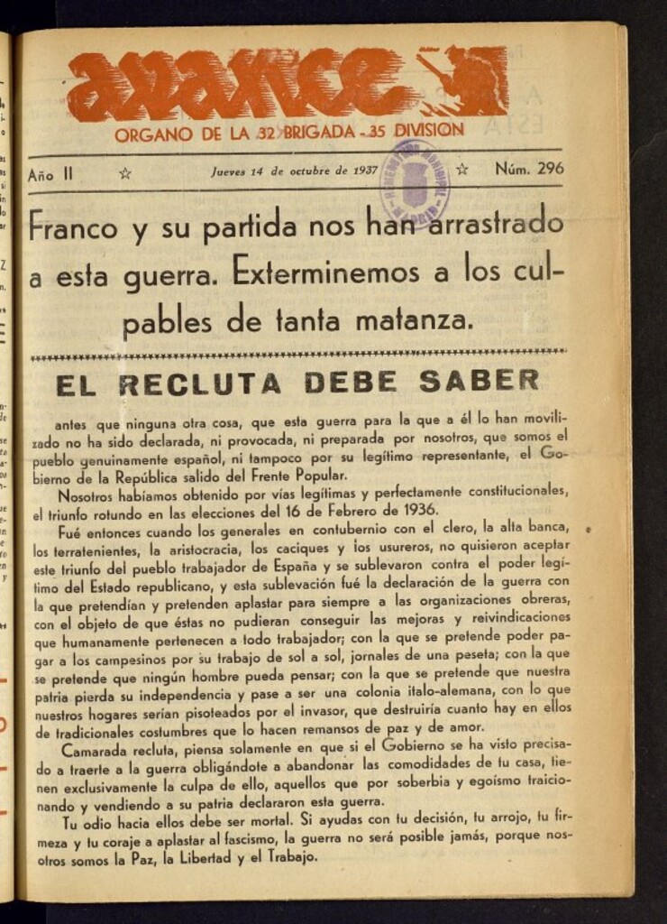 Miniatura de Avance: órgano de la XXXII brigada, de 14 de octubre de 1937, nº 296