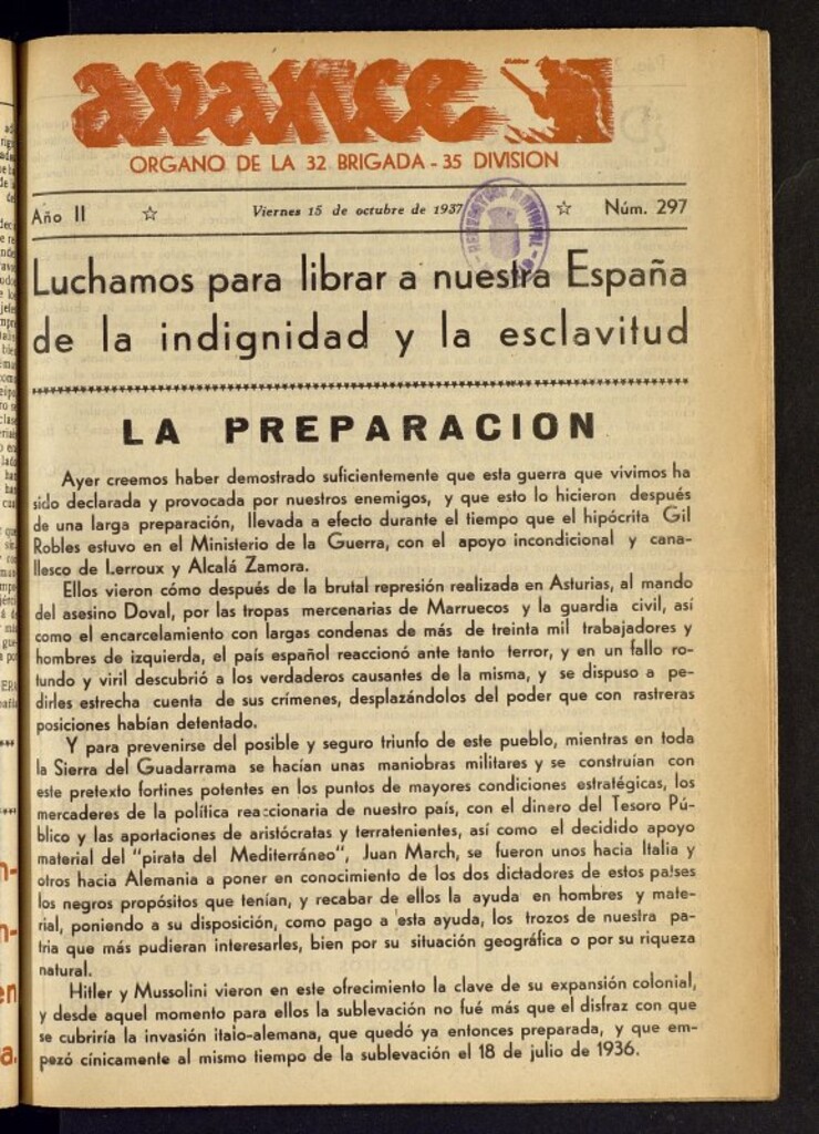Miniatura de Avance: órgano de la XXXII brigada, de 15 de octubre de 1937, nº 297