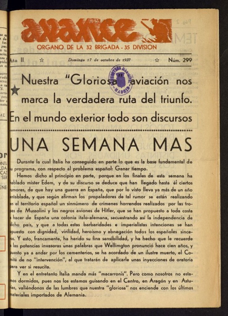 Miniatura de Avance: órgano de la XXXII brigada, de 17 de octubre de 1937, nº 299