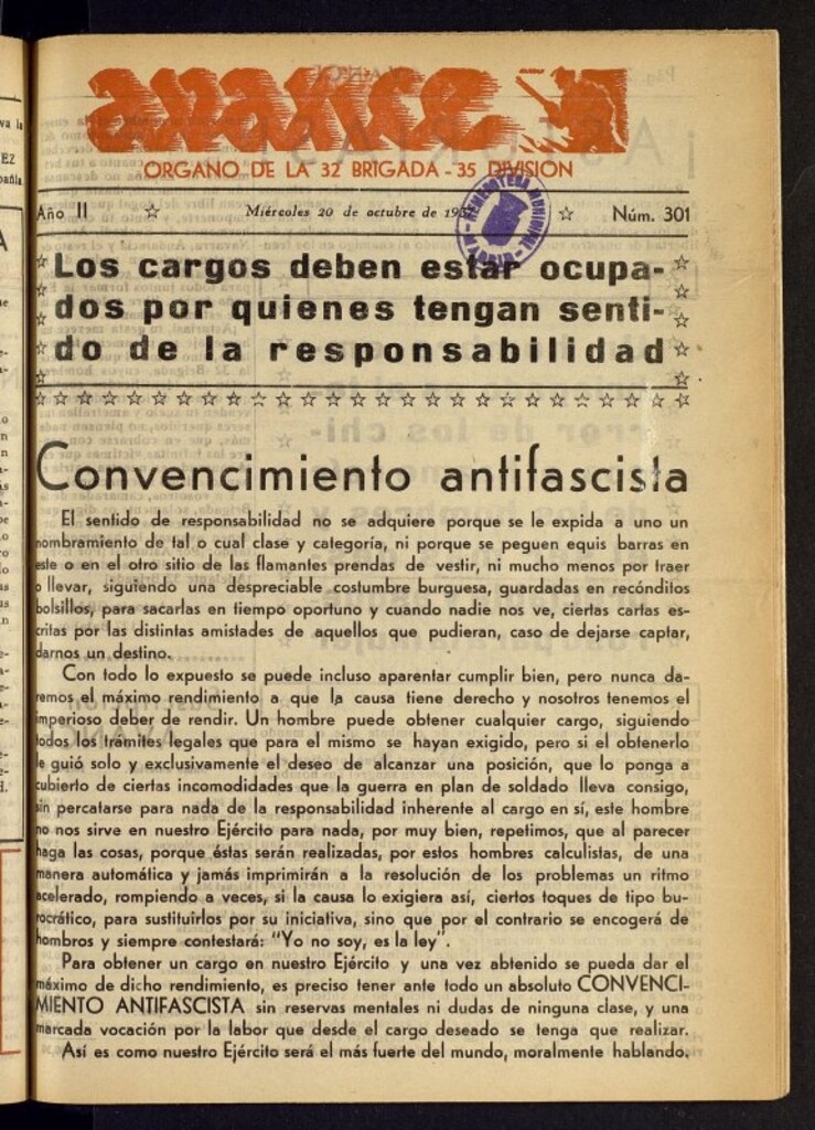Miniatura de Avance: órgano de la XXXII brigada, de 20 de octubre de 1937, nº 301