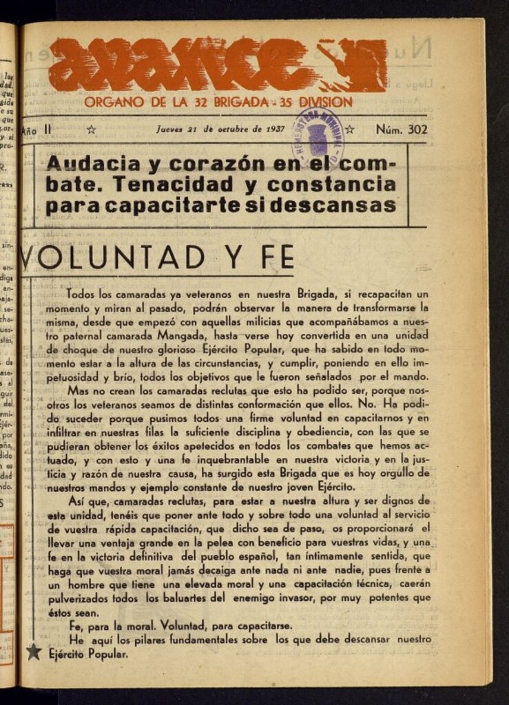 Miniatura de Avance: órgano de la XXXII brigada, de 21 de octubre de 1937, nº 302