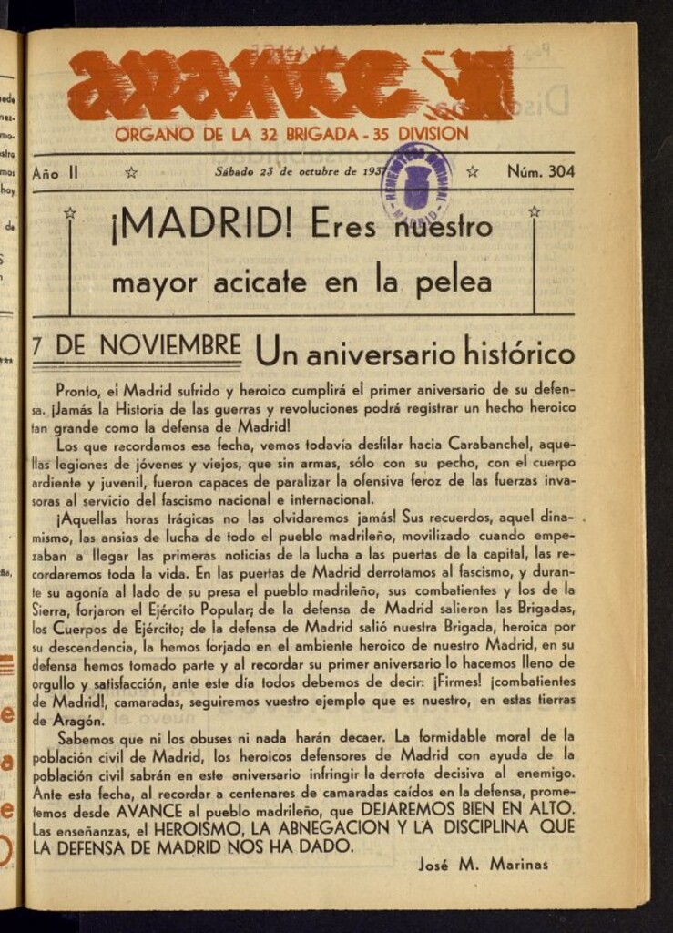 Miniatura de Avance: órgano de la XXXII brigada, de 23 de octubre de 1937, nº 304