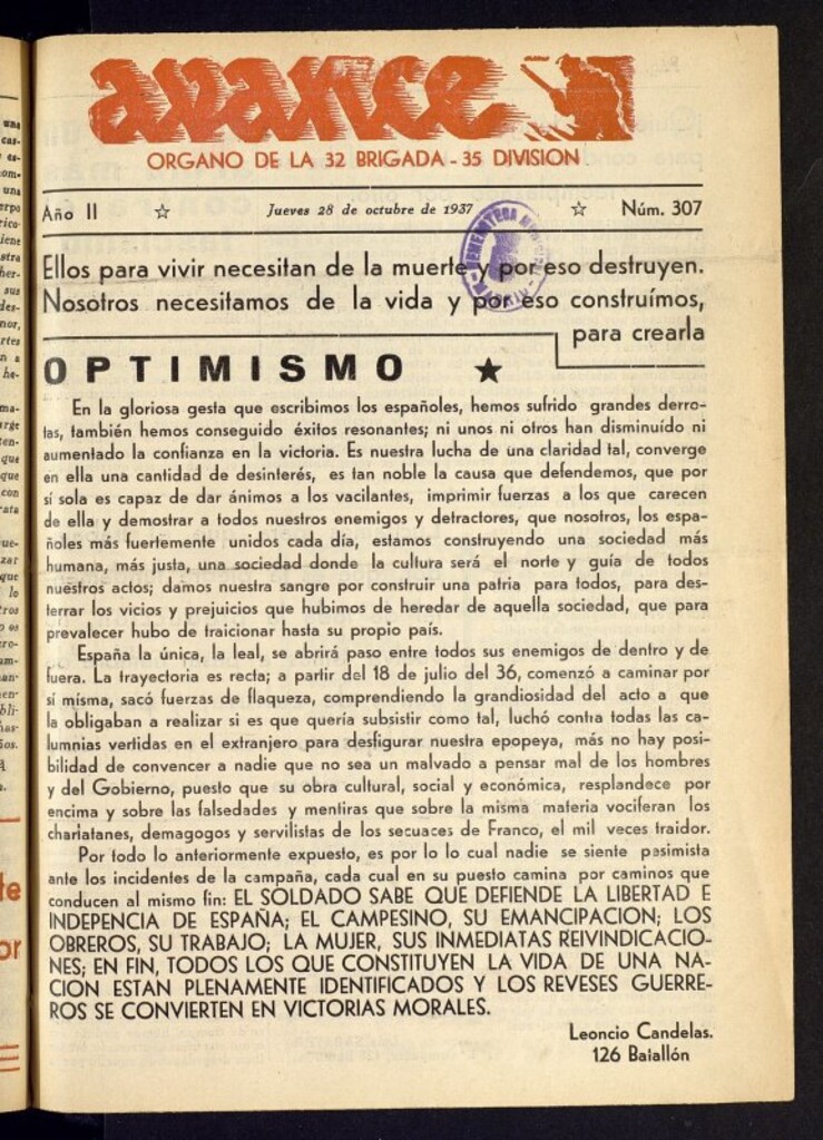 Miniatura de Avance: órgano de la XXXII brigada, de 28 de octubre de 1937, nº 307