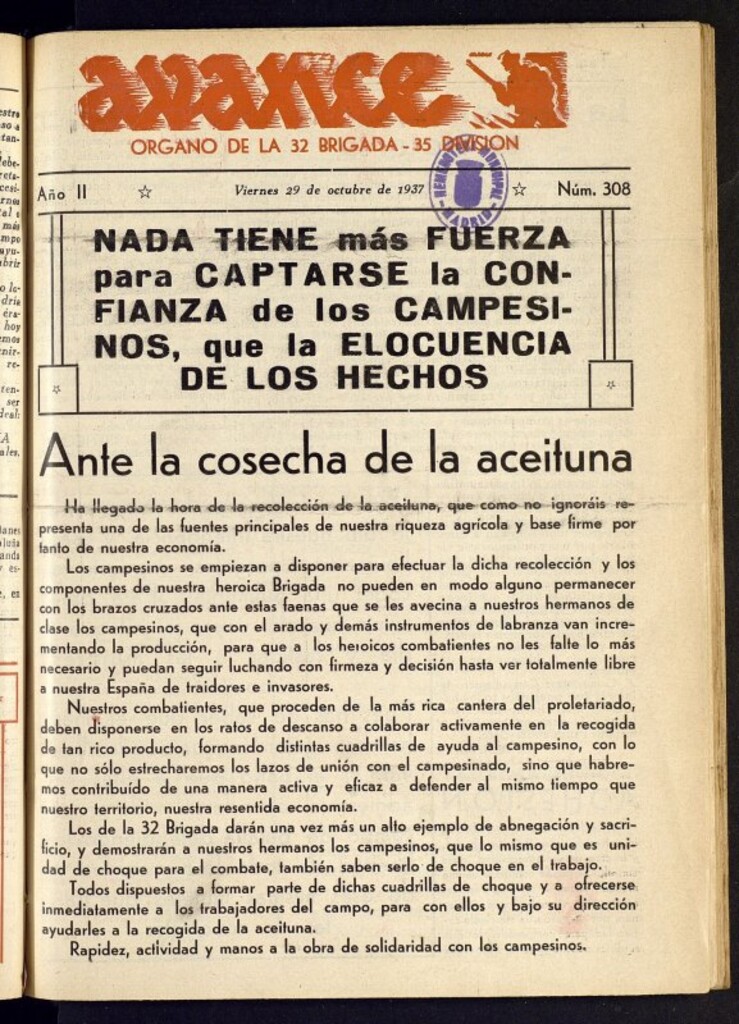 Miniatura de Avance: órgano de la XXXII brigada, de 29 de octubre de 1937, nº 308