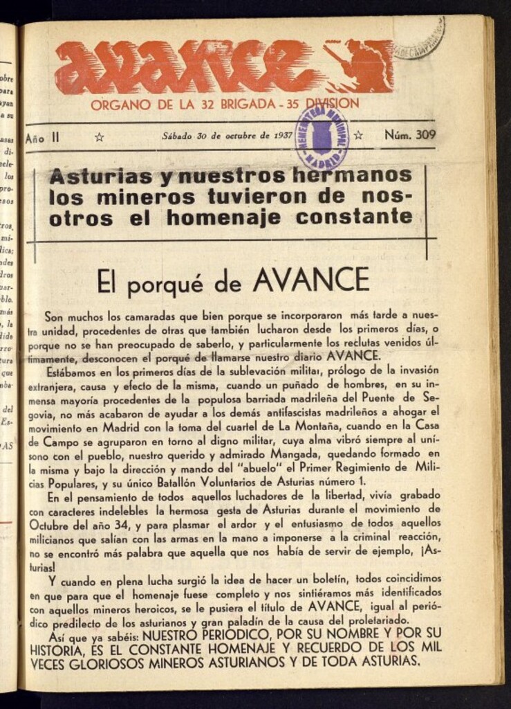 Miniatura de Avance: órgano de la XXXII brigada, de 30 de octubre de 1937, nº 309