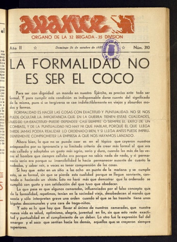Miniatura de Avance: órgano de la XXXII brigada, de 31 de octubre de 1937, nº 310