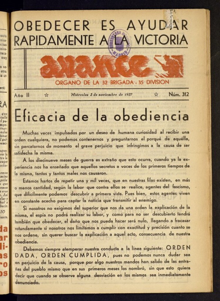 Miniatura de Avance: órgano de la XXXII brigada, de 3 de noviembre de 1937, nº 312