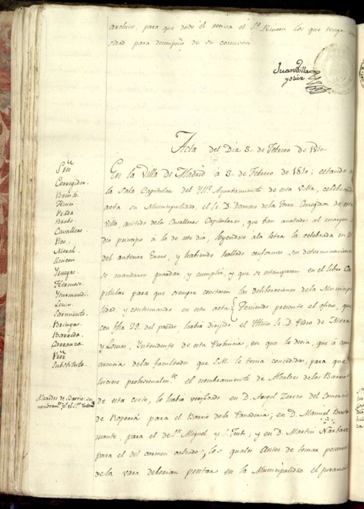 Miniatura de Libro de Acuerdos del Ayuntamiento de Madrid del 3 de febrero de 1810