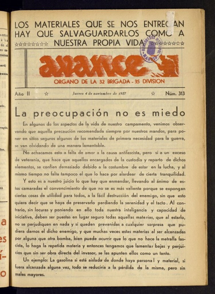 Miniatura de Avance: órgano de la XXXII brigada, de 4 de noviembre de 1937, nº 313
