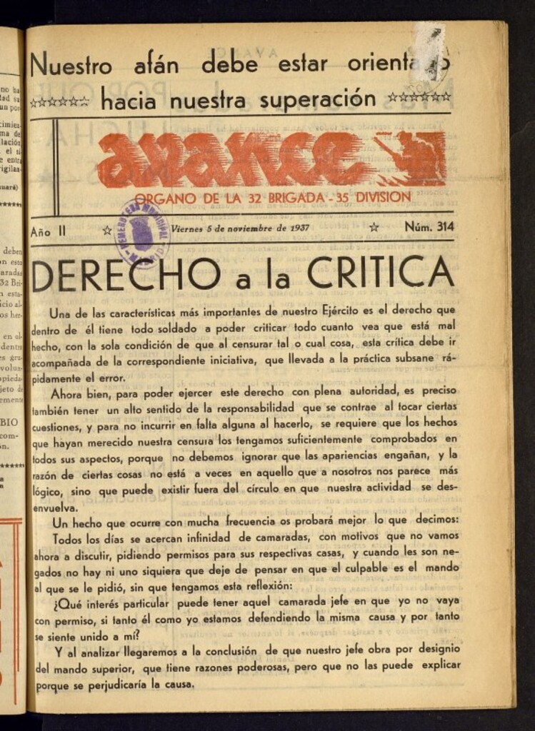 Miniatura de Avance: órgano de la XXXII brigada, de 5 de noviembre de 1937, nº 314