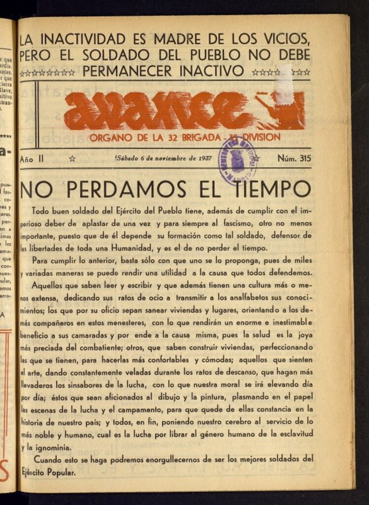 Miniatura de Avance: órgano de la XXXII brigada, de 6 de noviembre de 1937, nº 315