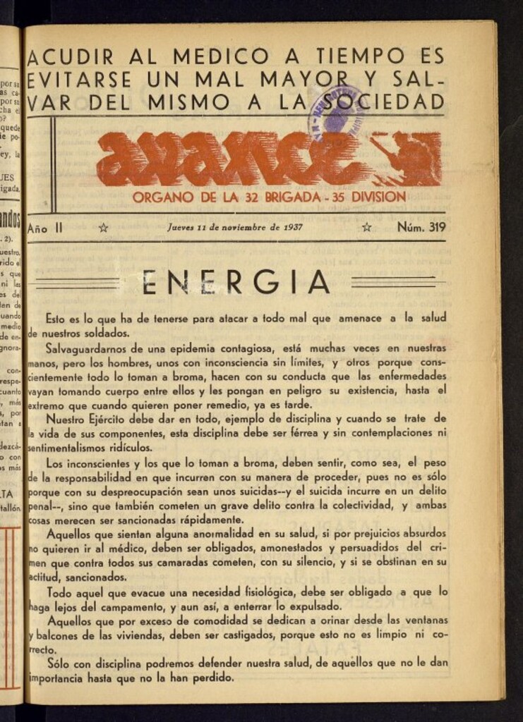 Miniatura de Avance: órgano de la XXXII brigada, de 11 de noviembre de 1937, nº 319