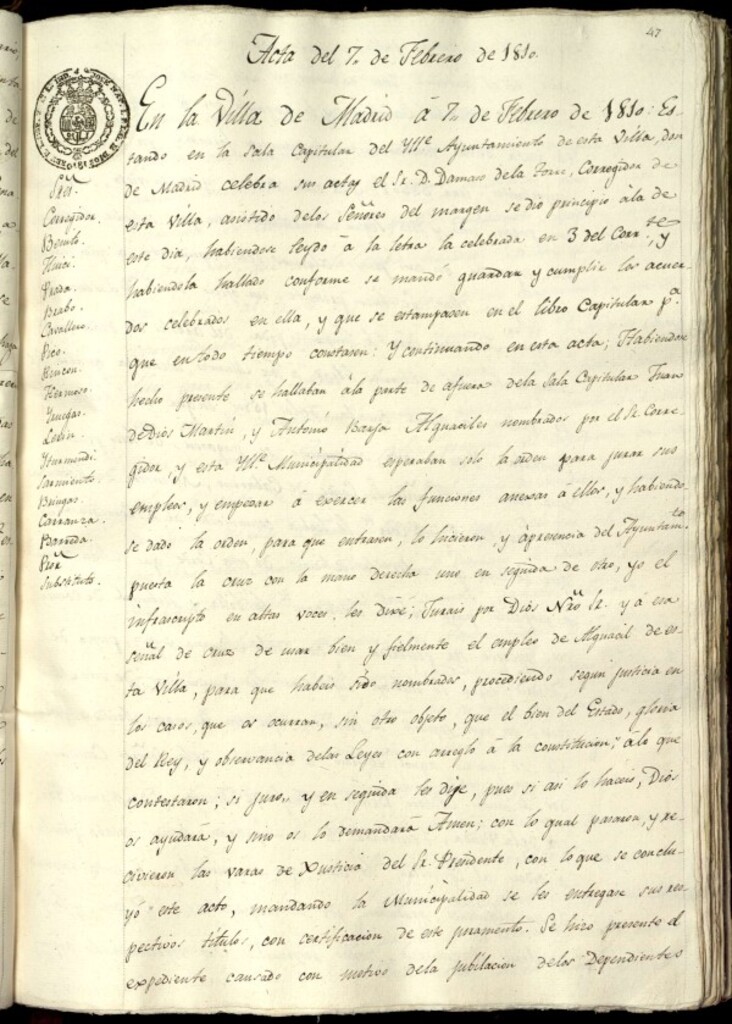 Miniatura de Libro de Acuerdos del Ayuntamiento de Madrid del 7 de febrero de 1810