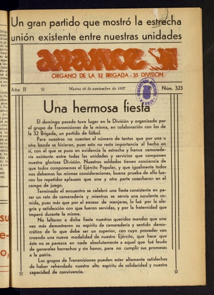 Miniatura de Avance: órgano de la XXXII brigada, de 16 de noviembre de 1937, nº 323