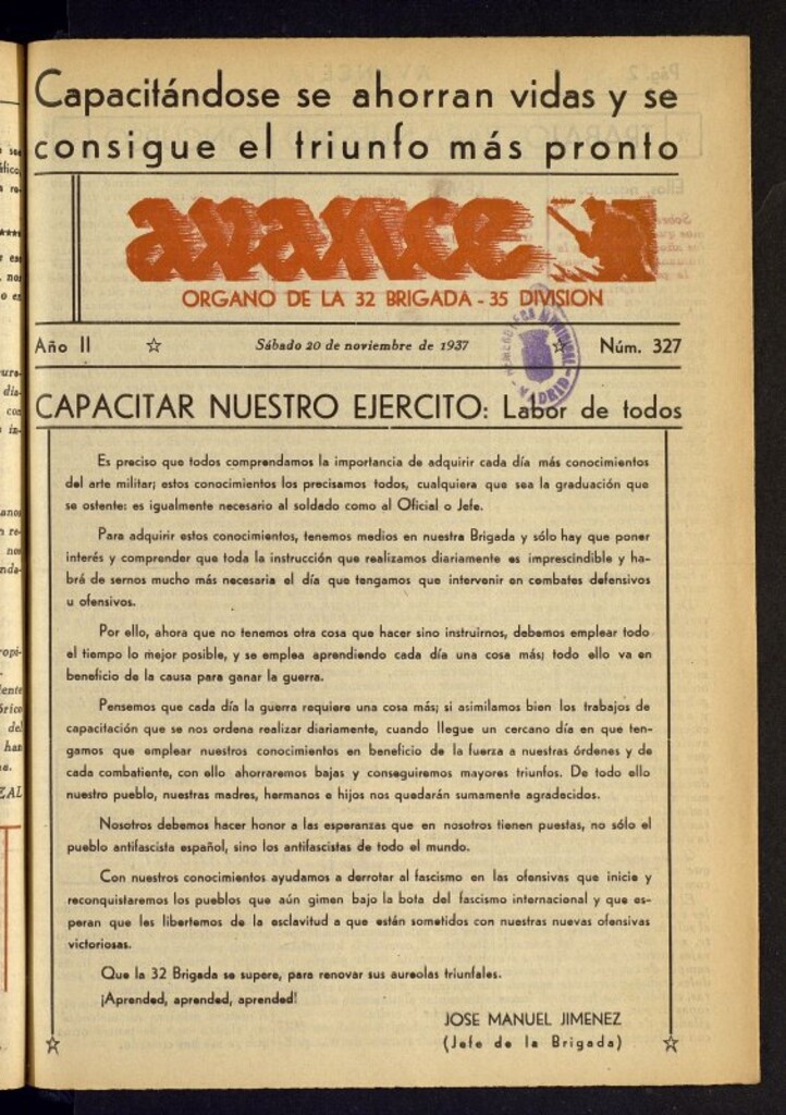 Miniatura de Avance: órgano de la XXXII brigada, de 20 de noviembre de 1937, nº 327