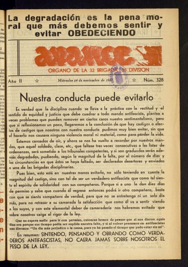 Miniatura de Avance: órgano de la XXXII brigada, de 24 de noviembre de 1937, nº 328